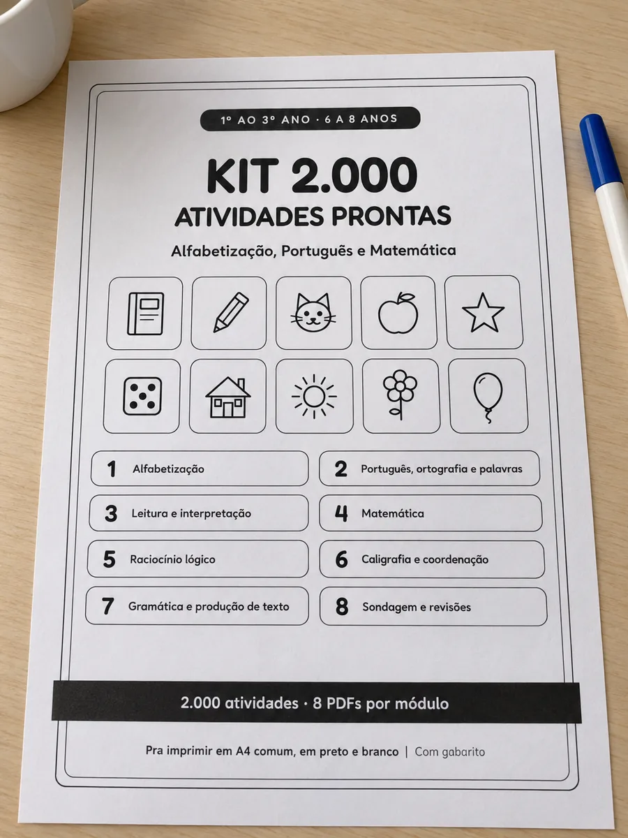 Capa de um dos 8 PDFs do kit, impressa e fotografada sobre a mesa