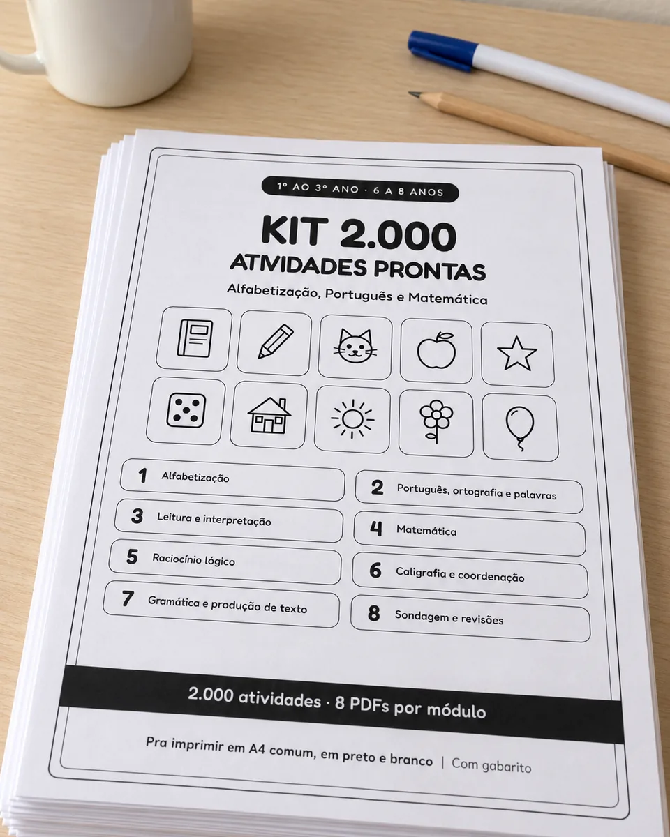 Pilha de folhas impressas do Kit 2.000 Atividades Prontas sobre uma mesa, com a capa por cima
