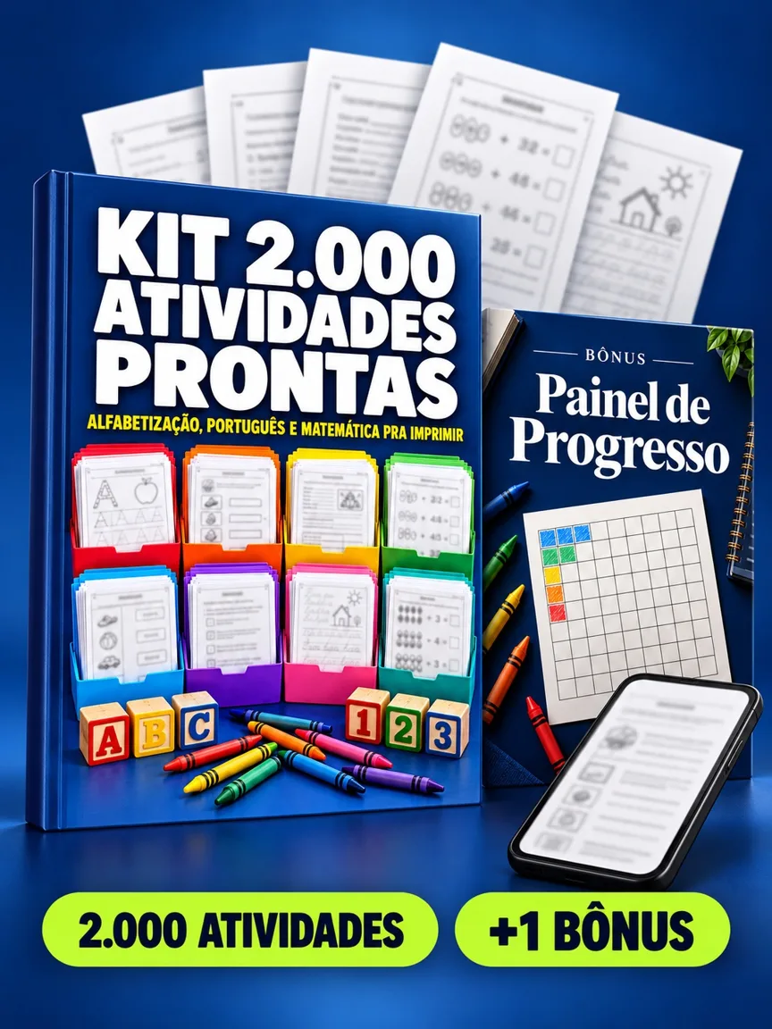 Montagem ilustrativa do Kit 2.000 Atividades Prontas: livro com a capa, páginas do material e celular e capas dos bônus
