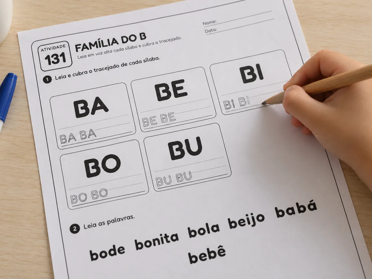 Mão de criança, sem rosto, fazendo uma folha do kit com lápis sobre a mesa