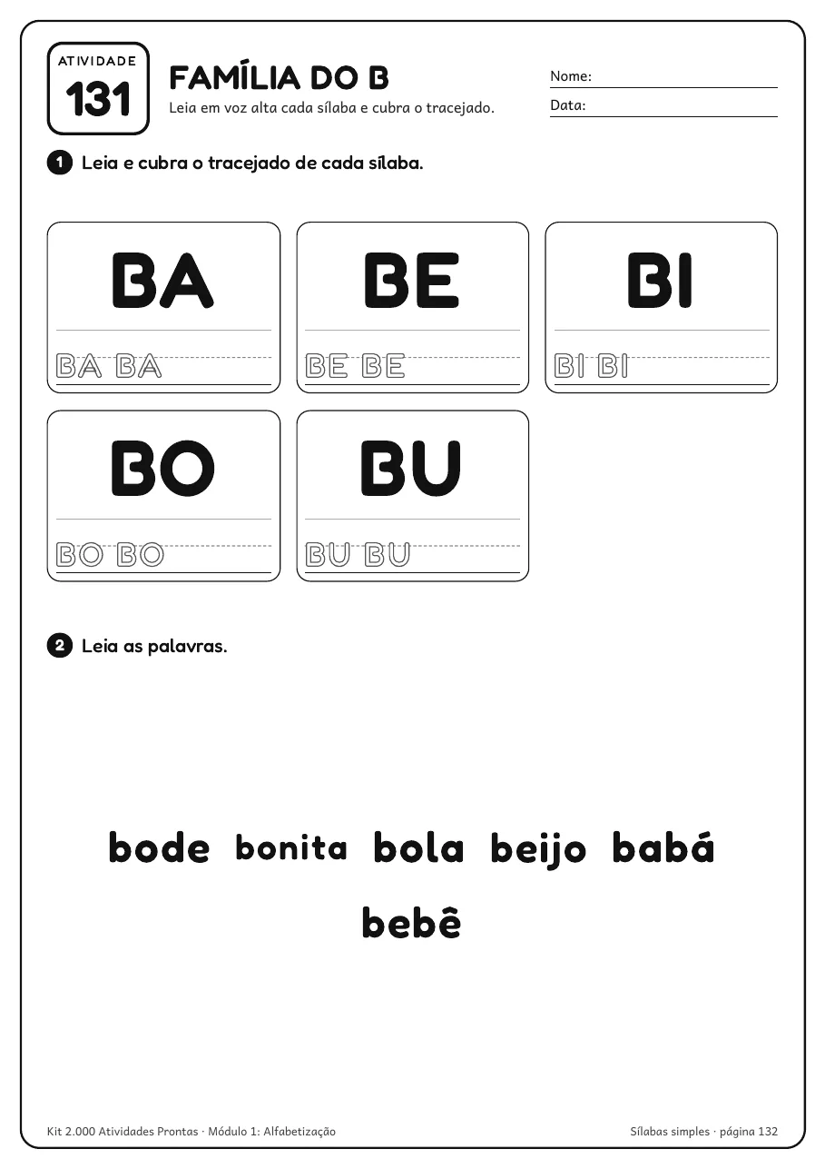 Página real do PDF Kit 2.000 Atividades Prontas: atividade 131 do módulo 1, família do B