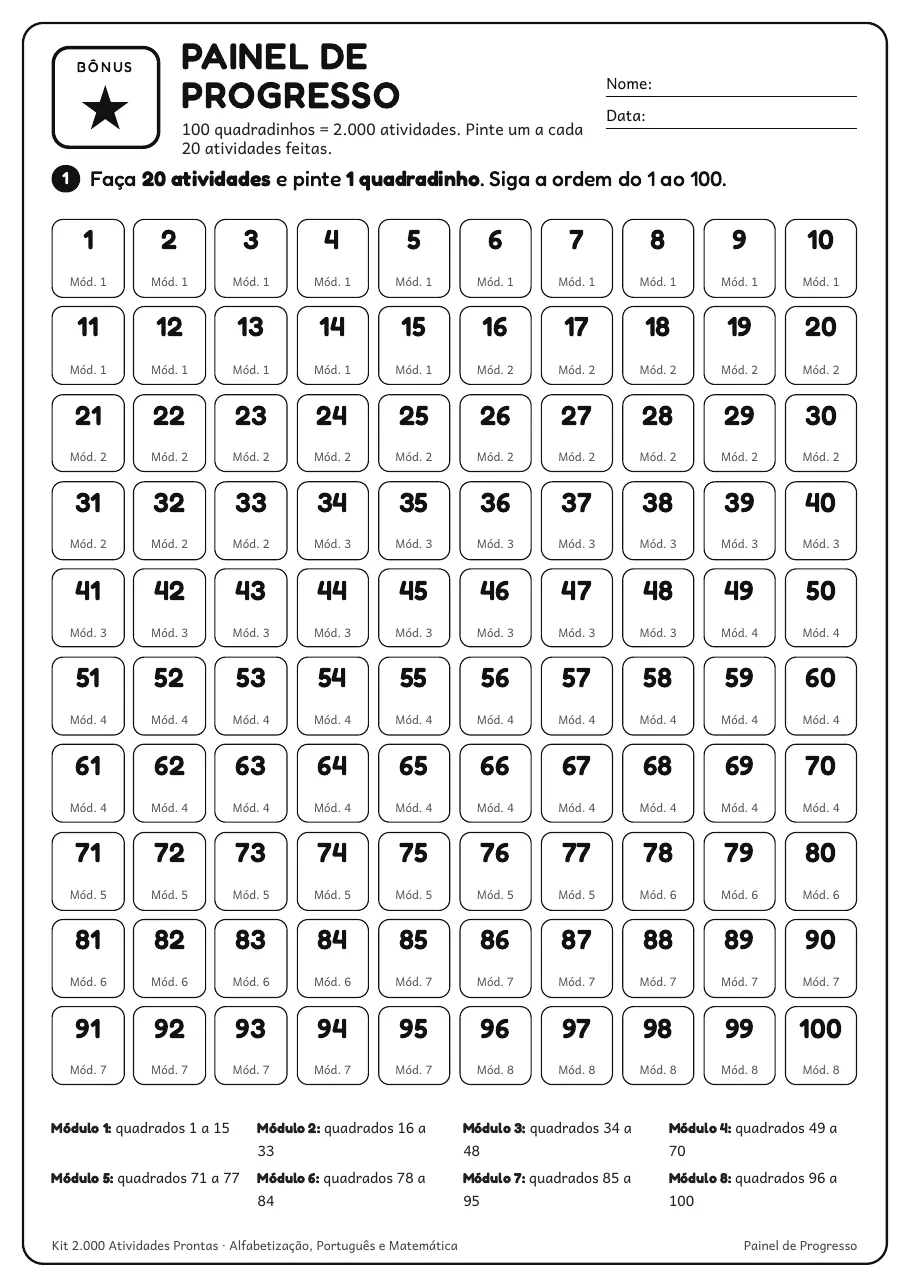 Página real do PDF Kit 2.000 Atividades Prontas: painel com 100 quadradinhos numerados