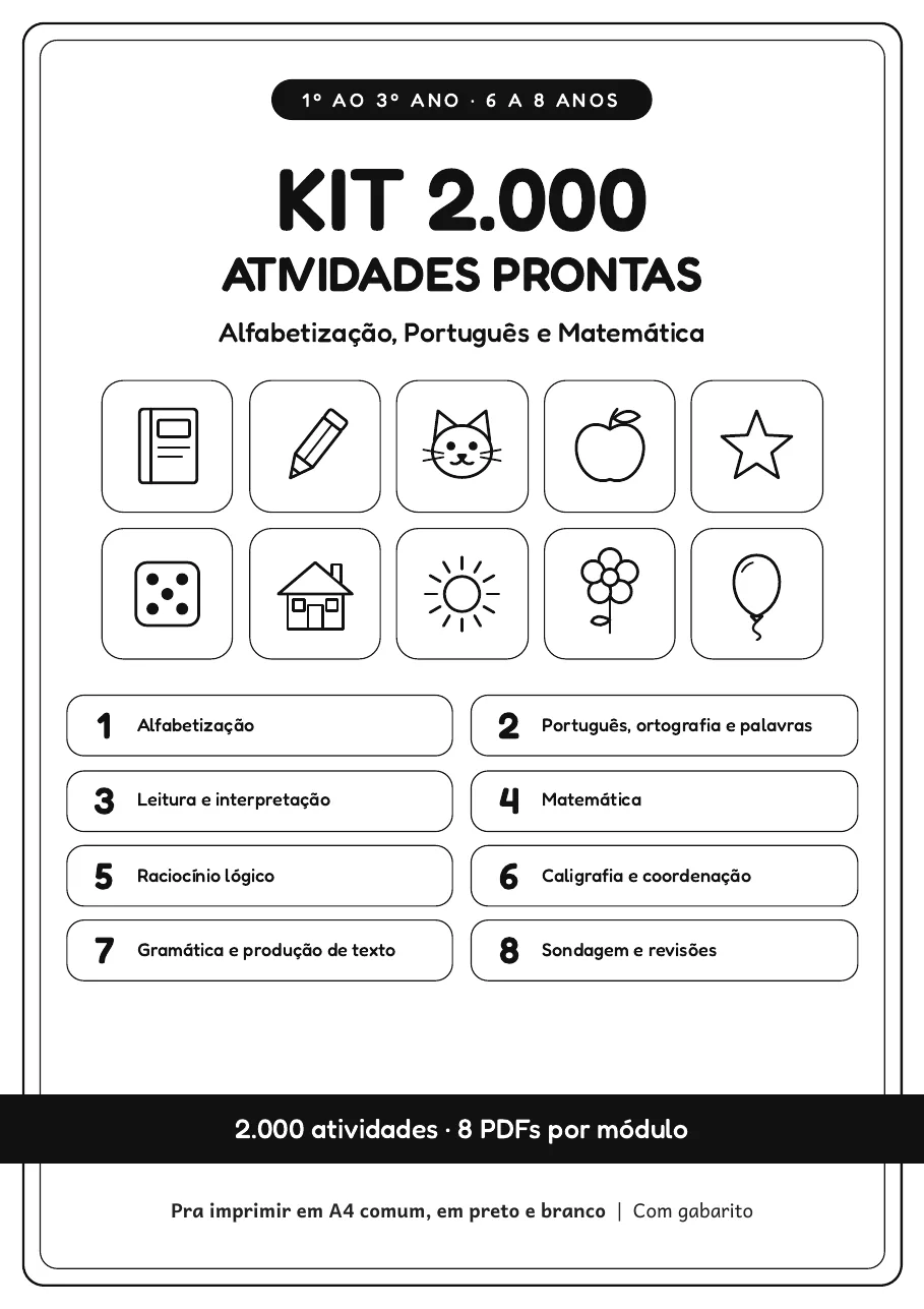Página real do PDF Kit 2.000 Atividades Prontas: capa com os 8 módulos