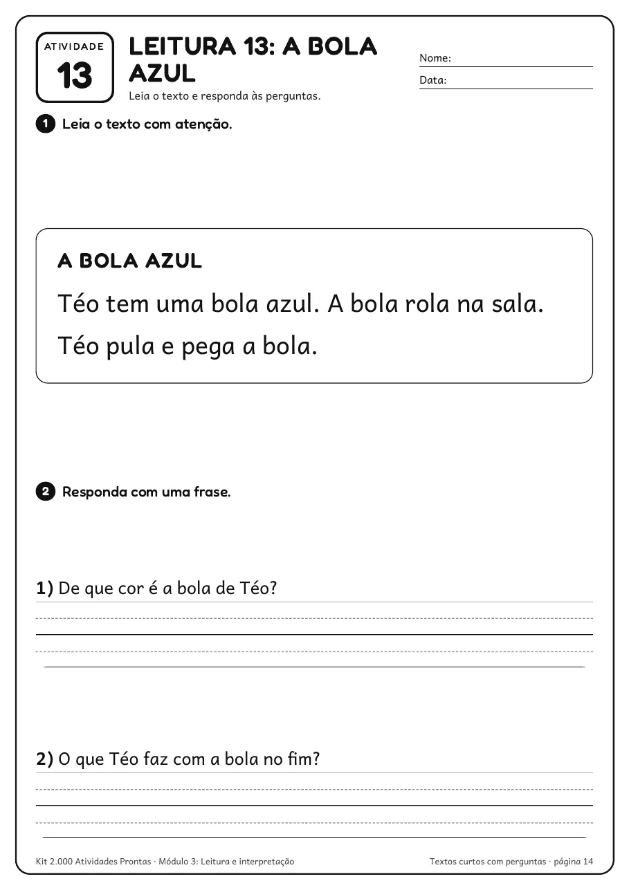 Página real do PDF Kit 2.000 Atividades Prontas: leitura 13 do módulo 3, texto curto com perguntas