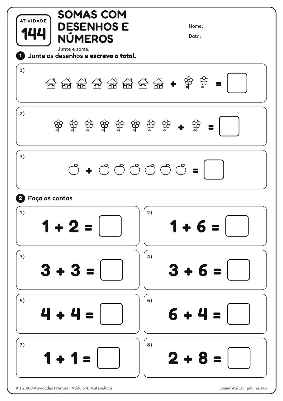 Página real do PDF Kit 2.000 Atividades Prontas: atividade 144 do módulo 4, somas com desenhos e números