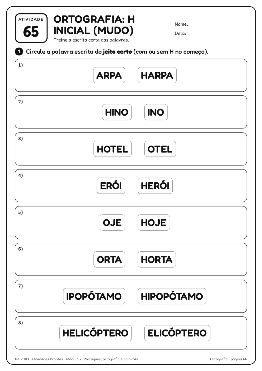 Página real do PDF Kit 2.000 Atividades Prontas: atividade 65 do módulo 2, ortografia com H inicial
