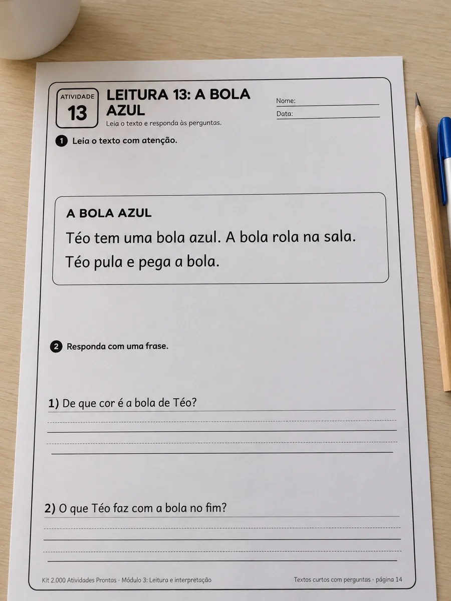 Folha de leitura do kit, com texto curto e perguntas, impressa sobre a mesa