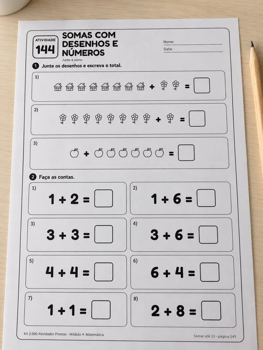 Folha de matemática do kit impressa sobre a mesa