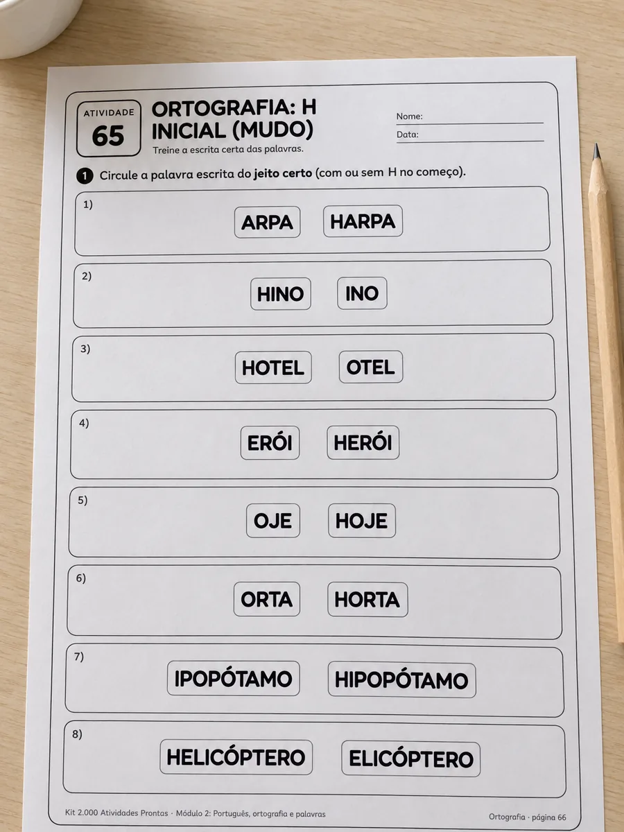 Folha de português do kit impressa sobre a mesa